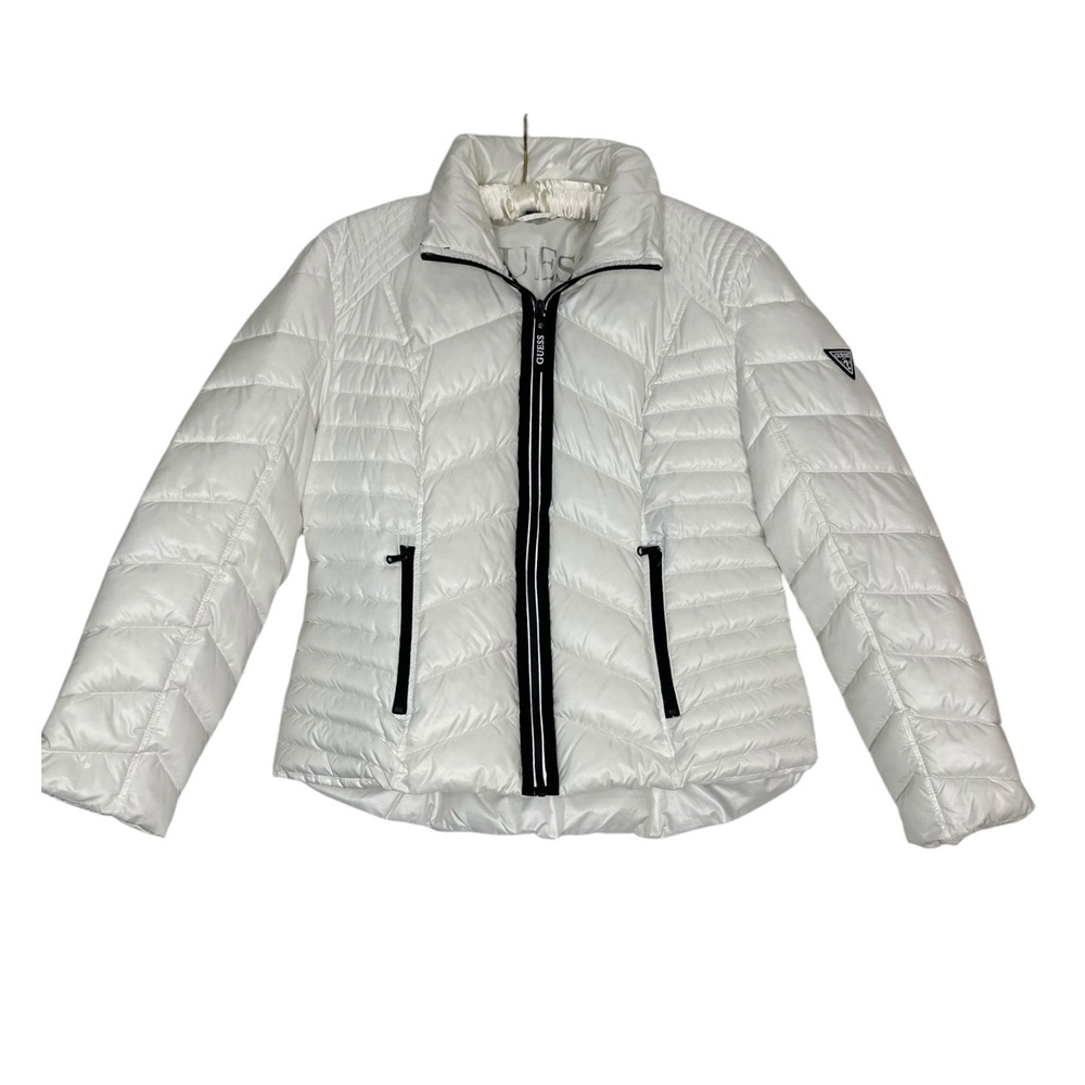 GUESS Quilted Puffer Jacket Womens XL White Black Zip Sporty Après Ski Gorpcore
